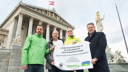 Greenpeace, Global 2000 und WWF übergeben Umweltminister Rupprechter die Energiewende-Petition vor österreichischem Parlament